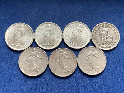 《竞宝斋》第461场 周日，周一，2场连拍 （全场包邮）欢迎送拍 - 七枚一组 2法郎银币 瑞士雪山女神4枚+法国播种女神3枚 总重69.85克