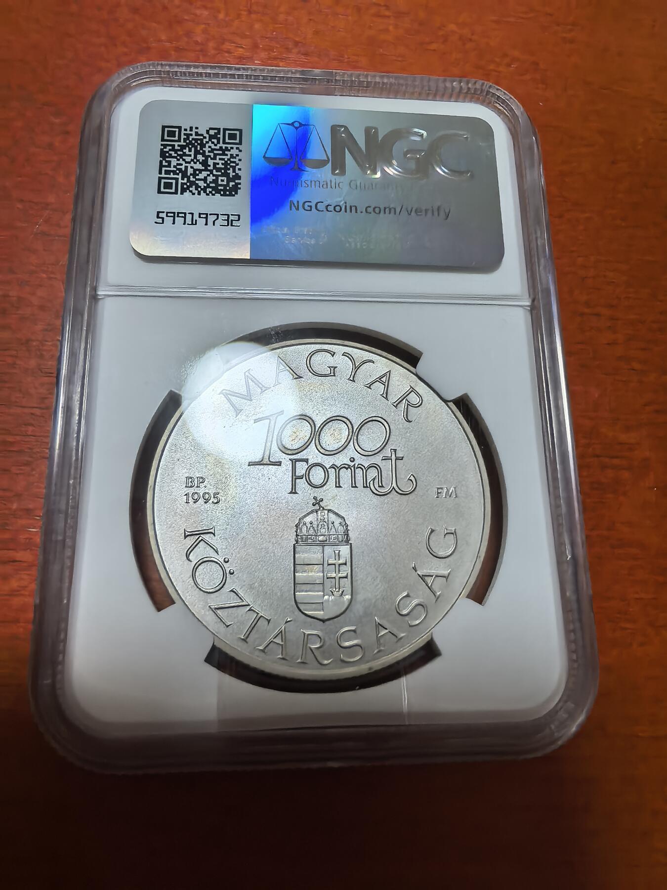 长老汇蛇年精选第九十五场拍卖  1995匈牙利多瑙河“哈珀林妮”号1000弗林特银币，31.46克925银，NGC MS67，唯一冠军