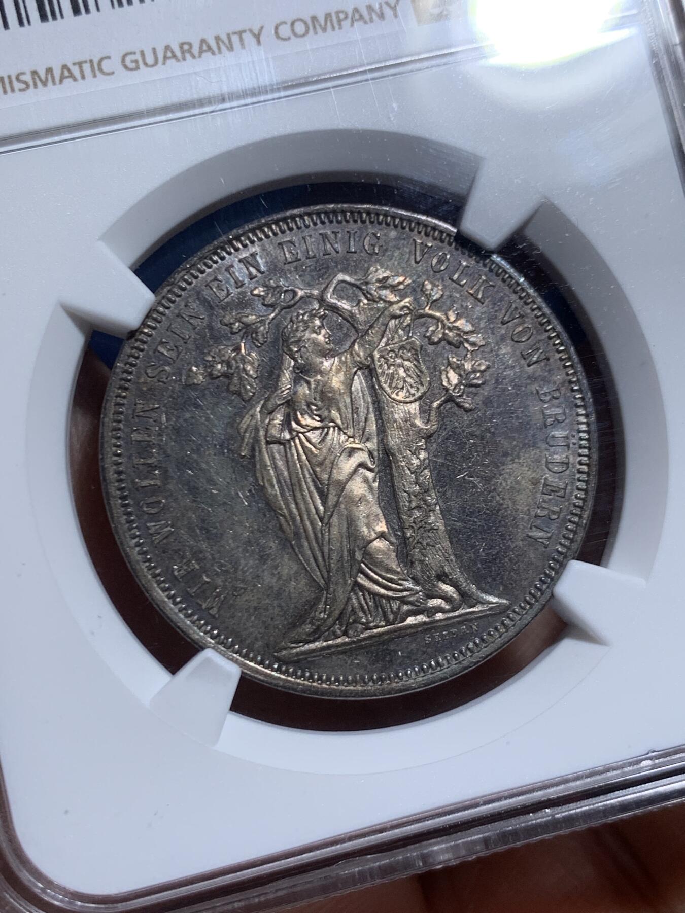 《竞宝斋》第461场 周日，周一，2场连拍 （全场包邮）欢迎送拍 NGC MS61 奥地利1868年射击节泰勒银币 紫罗兰包浆 橡树题材