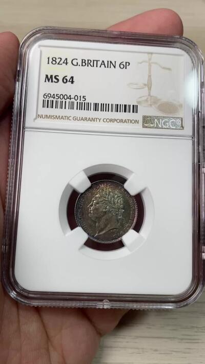 万国钱币拍卖第059期 NGC MS64 1824年英国乔治四世嘉德6便士银币 双面华丽五彩顶级典藏品质