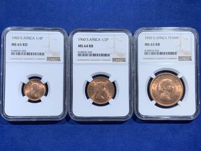 《竞宝斋》第461场 周日，周一，2场连拍 （全场包邮）欢迎送拍 - 三枚一组 NGC MS63-65 南非1便士-1/4便士铜币，其中小面额较为少见