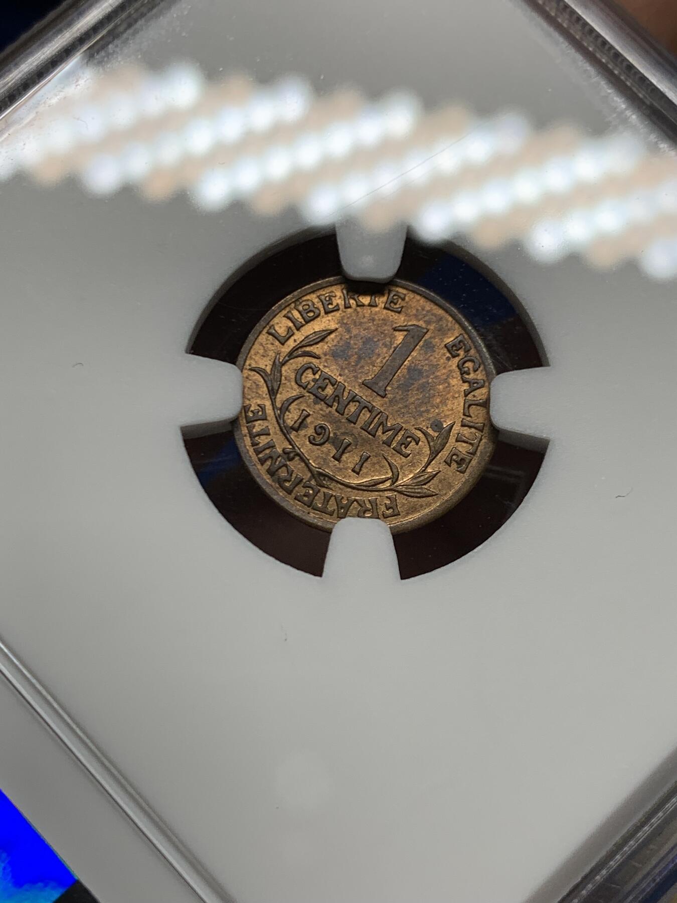 《竞宝斋》第461场 周日，周一，2场连拍 （全场包邮）欢迎送拍 NGC MS63RB 法国1911年1分铜币