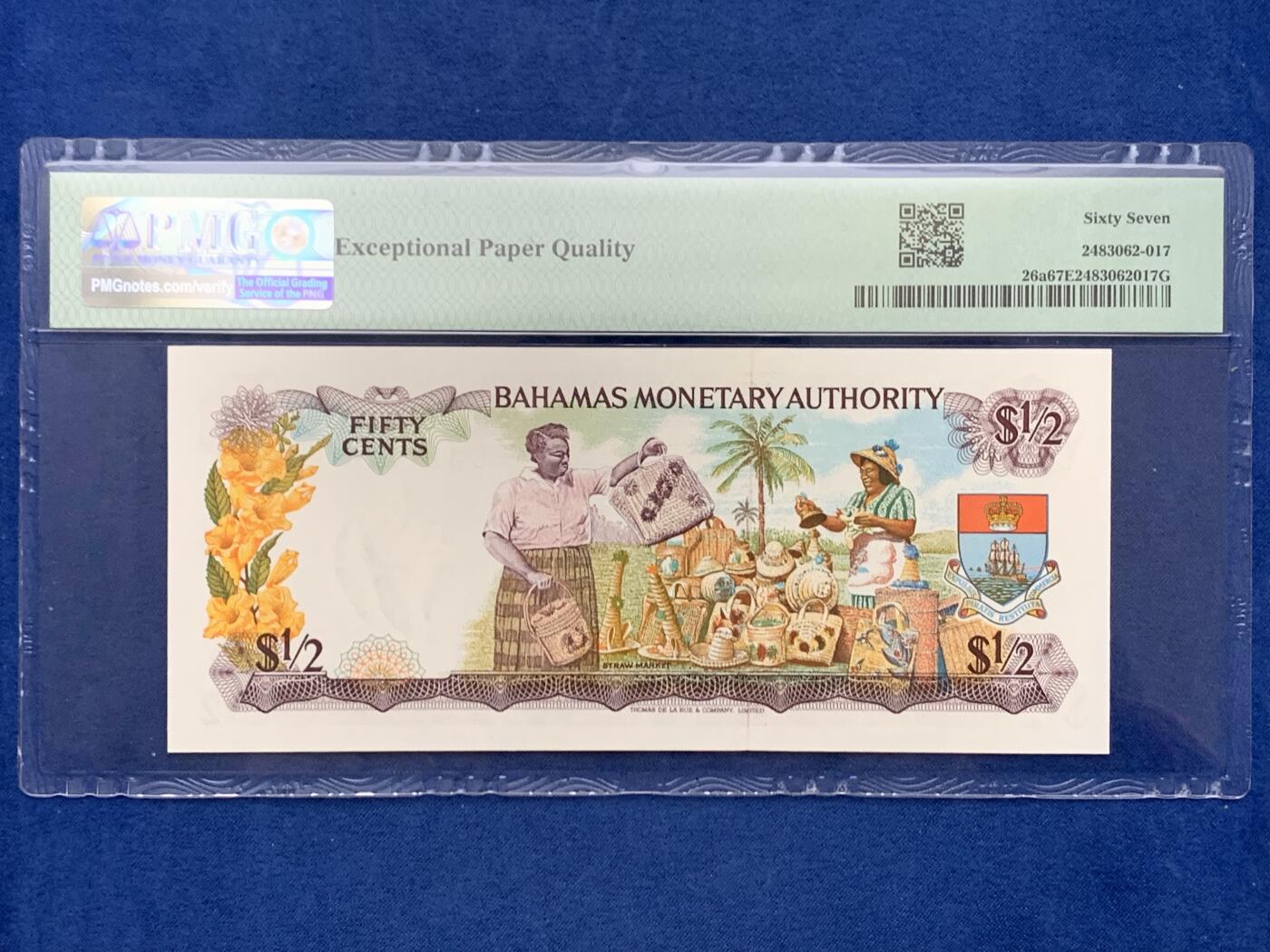 《竞宝斋》第461场 周日，周一，2场连拍 （全场包邮）欢迎送拍 PMG 67EPQ 巴哈马 1968年 女王 1/2元 彩背 高分