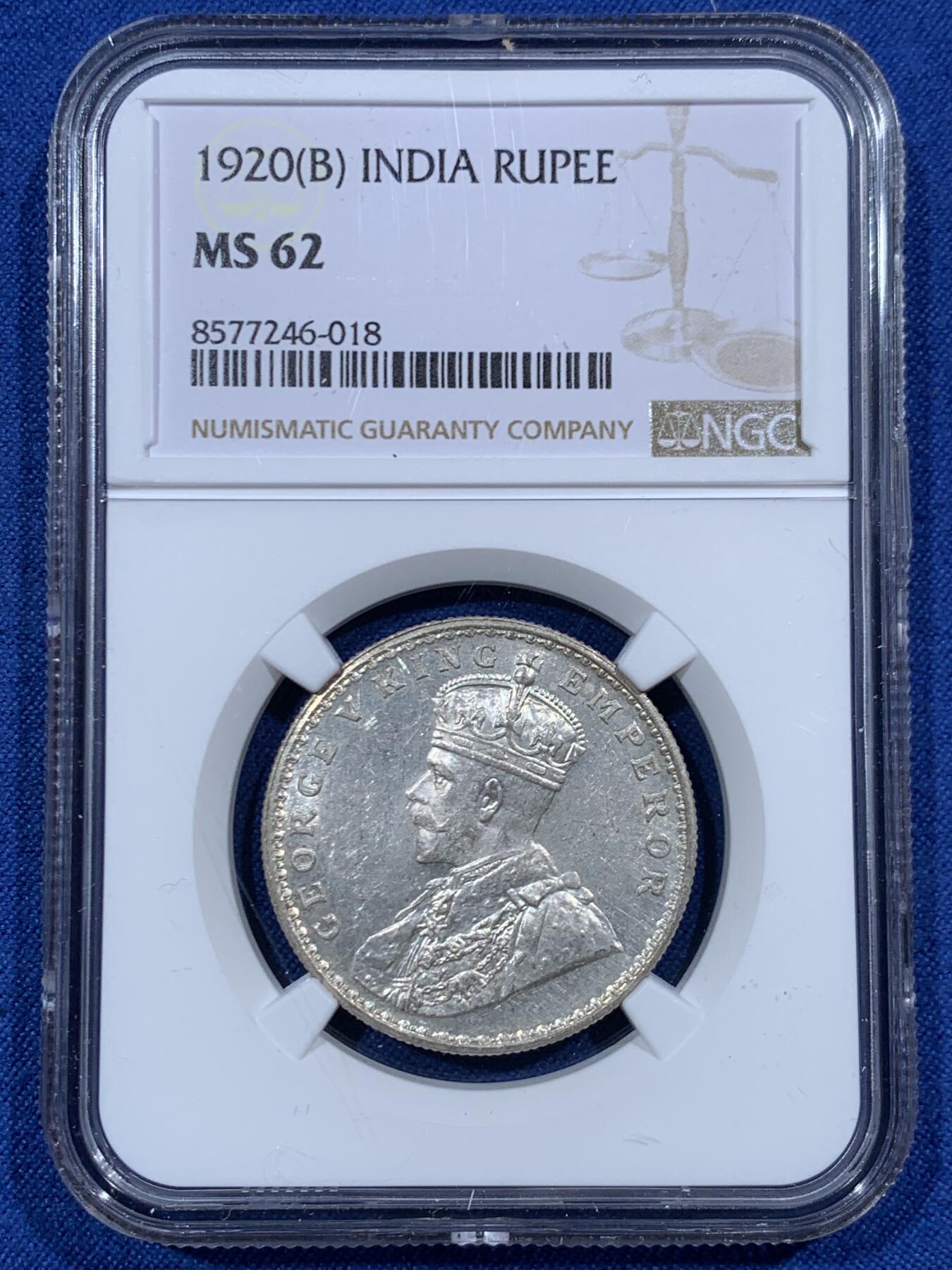 《竞宝斋》第461场 周日，周一，2场连拍 （全场包邮）欢迎送拍 NGC MS62 英属印度1920年1卢比银币 乔治五世头像