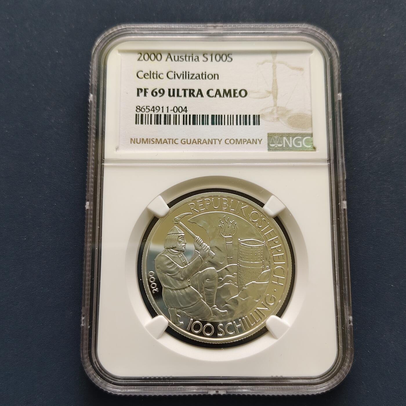 【全场包邮】纯粹捡漏拍499场-持续更新中 【收藏级·亚军分】奥地利2000年100先令盐矿工人精制纪念银币【34毫米20克90%，纯银价约504元（按28元银价估算）】-NGC PF69 ULTRA CAMEO（更高分仅4枚）