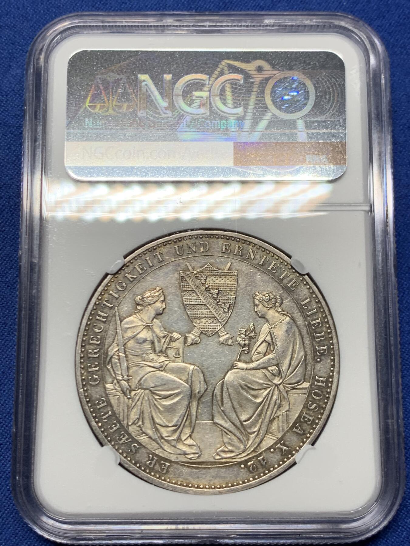 《竞宝斋》第461场 周日，周一，2场连拍 （全场包邮）欢迎送拍 NGC-MS62 德国萨克森1854年双神2泰勒大银币 37克超大重量，稀少珍贵的两泰勒品种