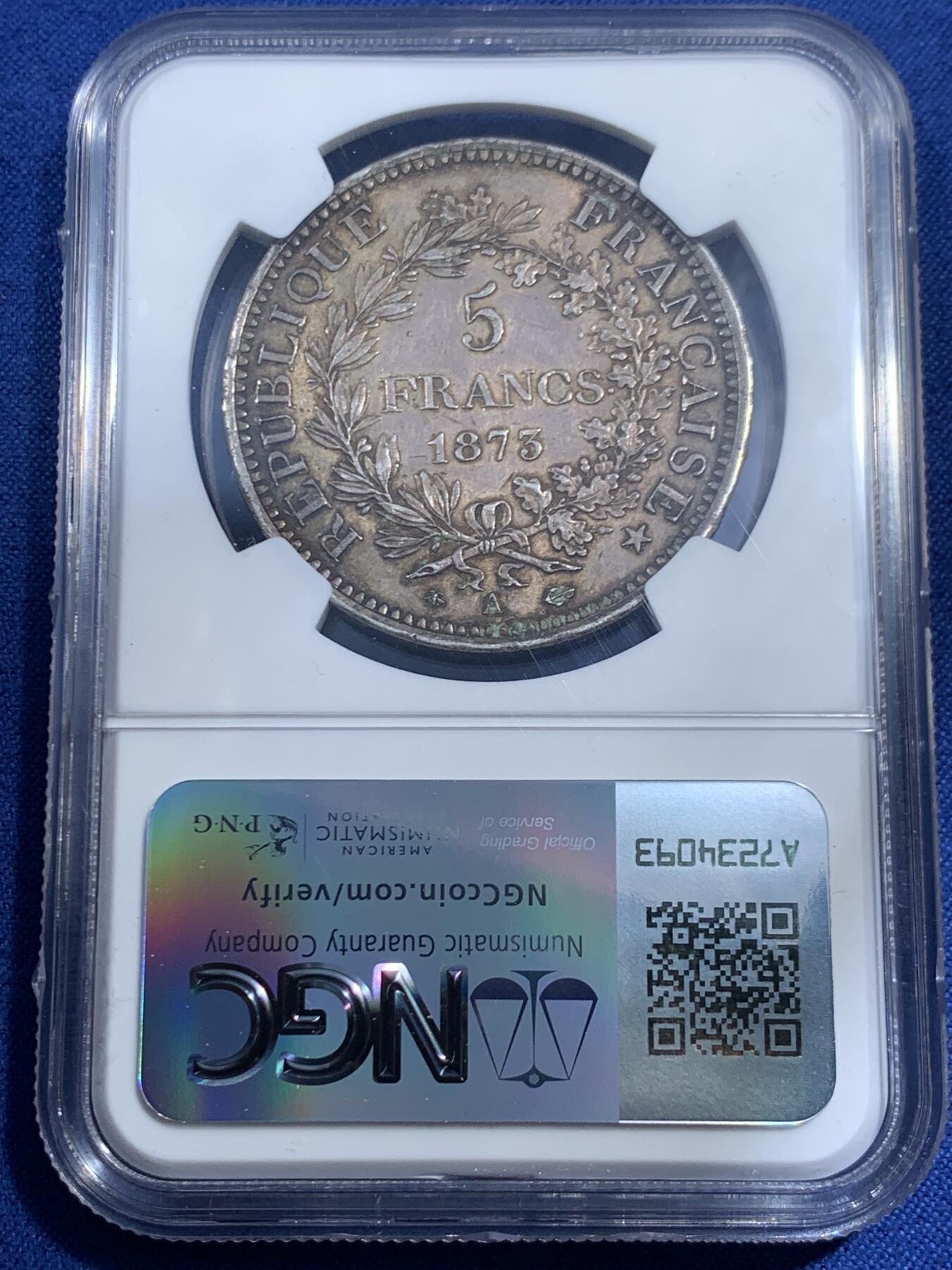 《竞宝斋》第461场 周日，周一，2场连拍 （全场包邮）欢迎送拍 NGC MS62 法国 1873年 大力神 5法郎 银币 银价暴涨 原味难得