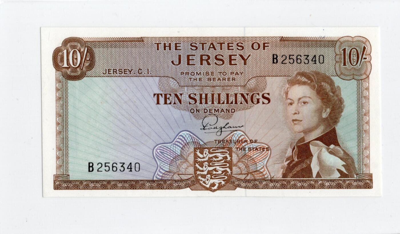 徐霞客拍卖首拍 泽西岛	P-7 1963年10先令	UNC- B256340			发行于20世纪中后期，是泽西岛当时流通的法定货币。它融合了英联邦货币风格与本土标识的设计，以君主肖像为核心元素，兼具流通功能与身份象征意义，见证了泽西岛货币体系的独立发展与英联邦金融关联，是研究该地区金融史与殖民文化传承的实物佐证。其收藏价值源于存世量稀少，在小众地域货币收藏中独具辨识度。	