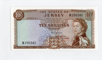 徐霞客拍卖首拍 - 泽西岛	P-7 1963年10先令	UNC- B256340			发行于20世纪中后期，是泽西岛当时流通的法定货币。它融合了英联邦货币风格与本土标识的设计，以君主肖像为核心元素，兼具流通功能与身份象征意义，见证了泽西岛货币体系的独立发展与英联邦金融关联，是研究该地区金融史与殖民文化传承的实物佐证。其收藏价值源于存世量稀少，在小众地域货币收藏中独具辨识度。	