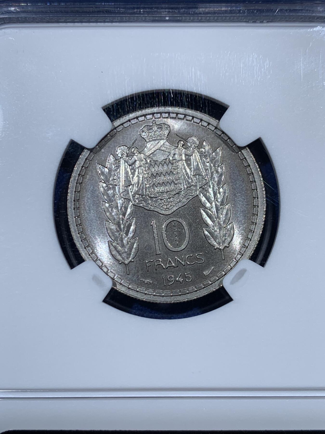 《竞宝斋》第461场 周日，周一，2场连拍 （全场包邮）欢迎送拍 NGC MS65 摩纳哥 1945年 10法郎 样币 值得入藏