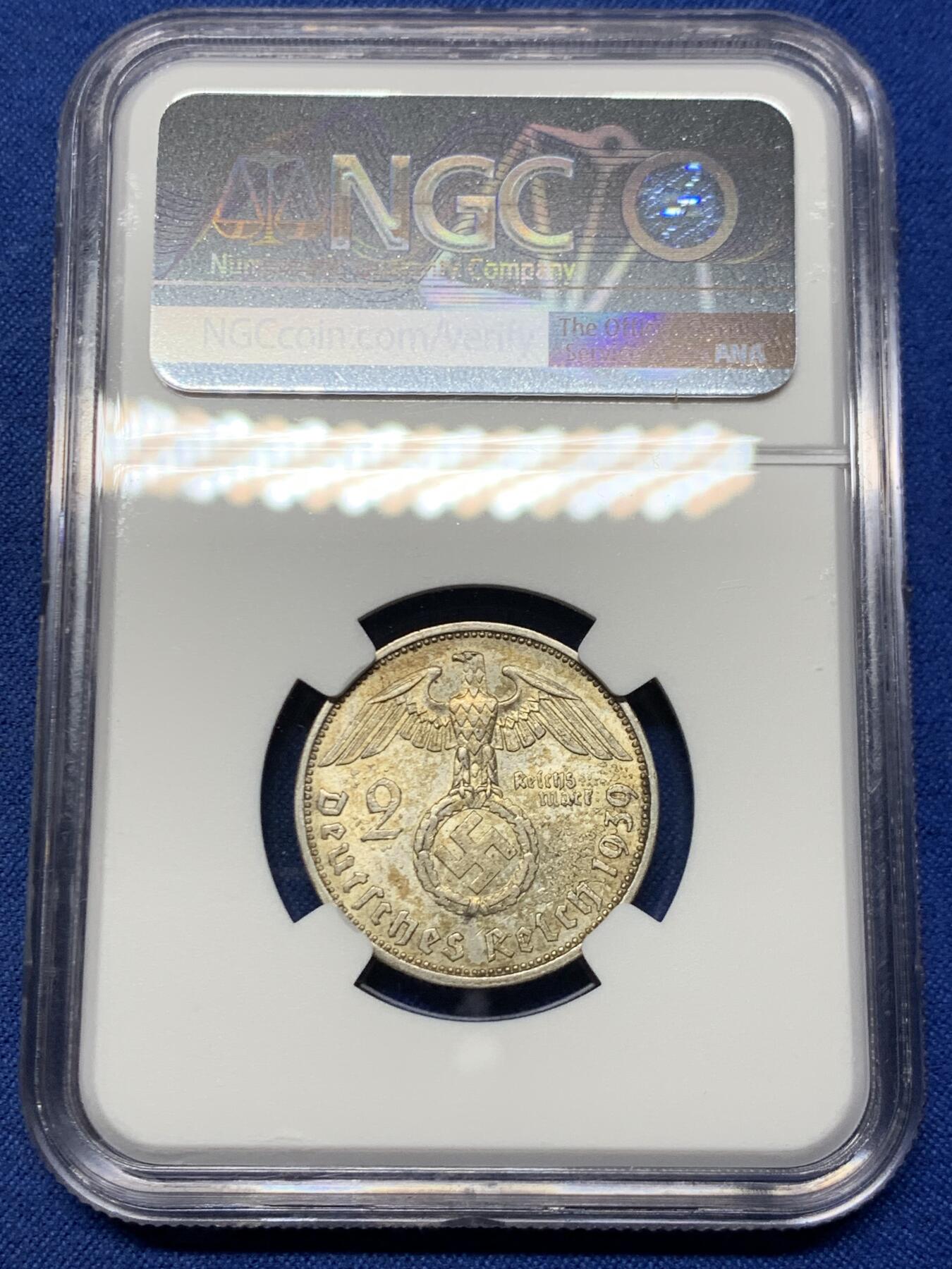 《竞宝斋》第461场 周日，周一，2场连拍 （全场包邮）欢迎送拍 NGC MS61 德国1939A兴登堡头像2马克银币，带符号，1939年是最后一年，比较少一点