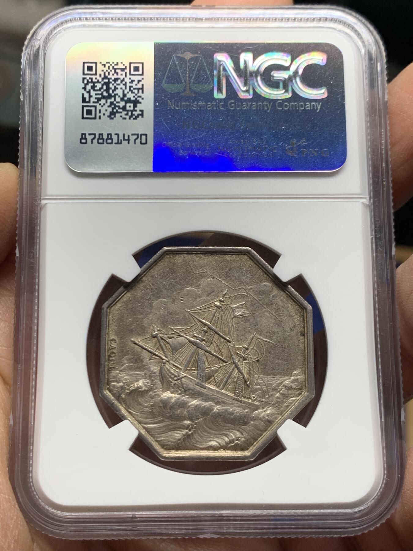 《竞宝斋》第461场 周日，周一，2场连拍 （全场包邮）欢迎送拍 NGC MS61 法国19世纪海妖八角银质代币 神灯边铭 名誉品 原味包浆 品相状态不错 上MS不容易