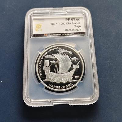 【全场包邮】纯粹捡漏拍499场-持续更新中 - 多哥2007年1000法郎汉萨商船精制纪念银币【40毫米20克92.5%，纯银价约518元（按28元银价估算）】-TQG PF69 UC