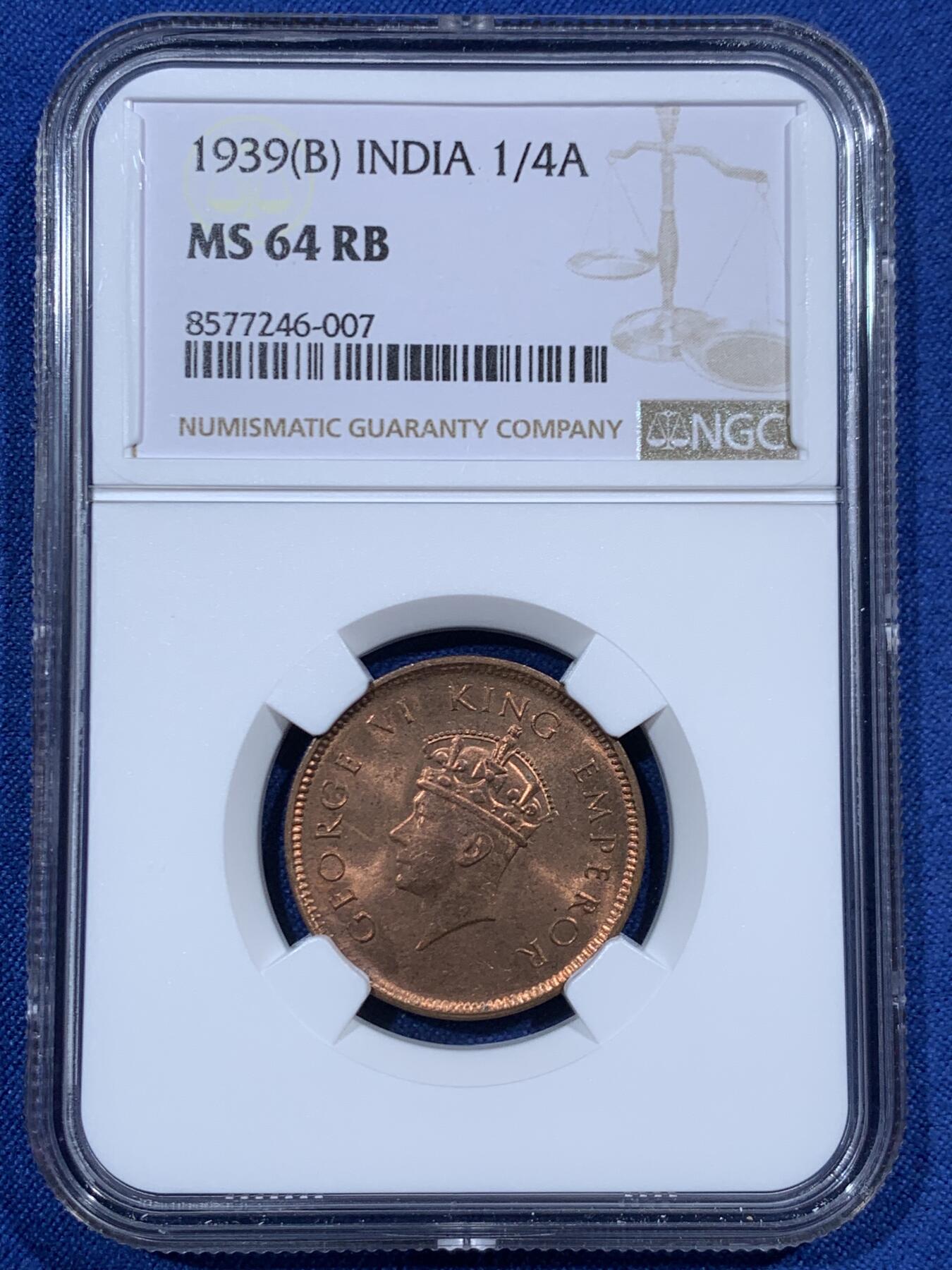 《竞宝斋》第461场 周日，周一，2场连拍 （全场包邮）欢迎送拍 NGC MS64RB 英属印度1939年B版1/4安娜铜币