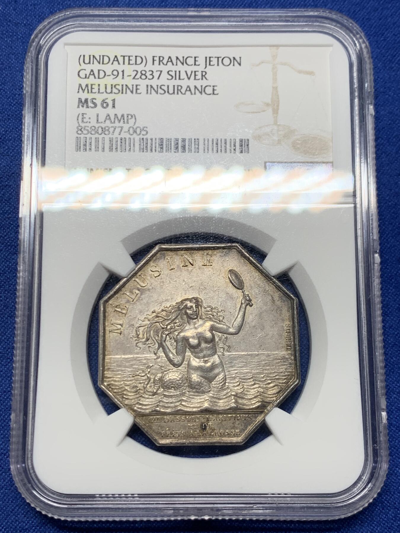 《竞宝斋》第461场 周日，周一，2场连拍 （全场包邮）欢迎送拍 NGC MS61 法国19世纪海妖八角银质代币 神灯边铭 名誉品 原味包浆 品相状态不错 上MS不容易