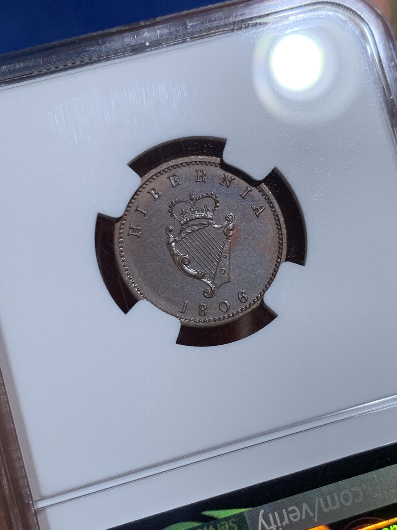 《竞宝斋》第461场 周日，周一，2场连拍 （全场包邮）欢迎送拍 NGC PF64BN 爱尔兰 1806年 乔治三世 1/4便士（1法新）铜币 极美状态