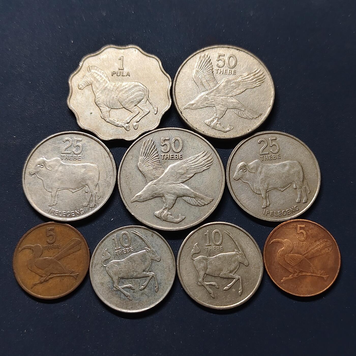 【全场包邮】纯粹捡漏拍498场-持续更新中 博兹瓦纳1976-1991年不同版本9枚套币-含70-80年代老版5枚+1991年换新版4枚