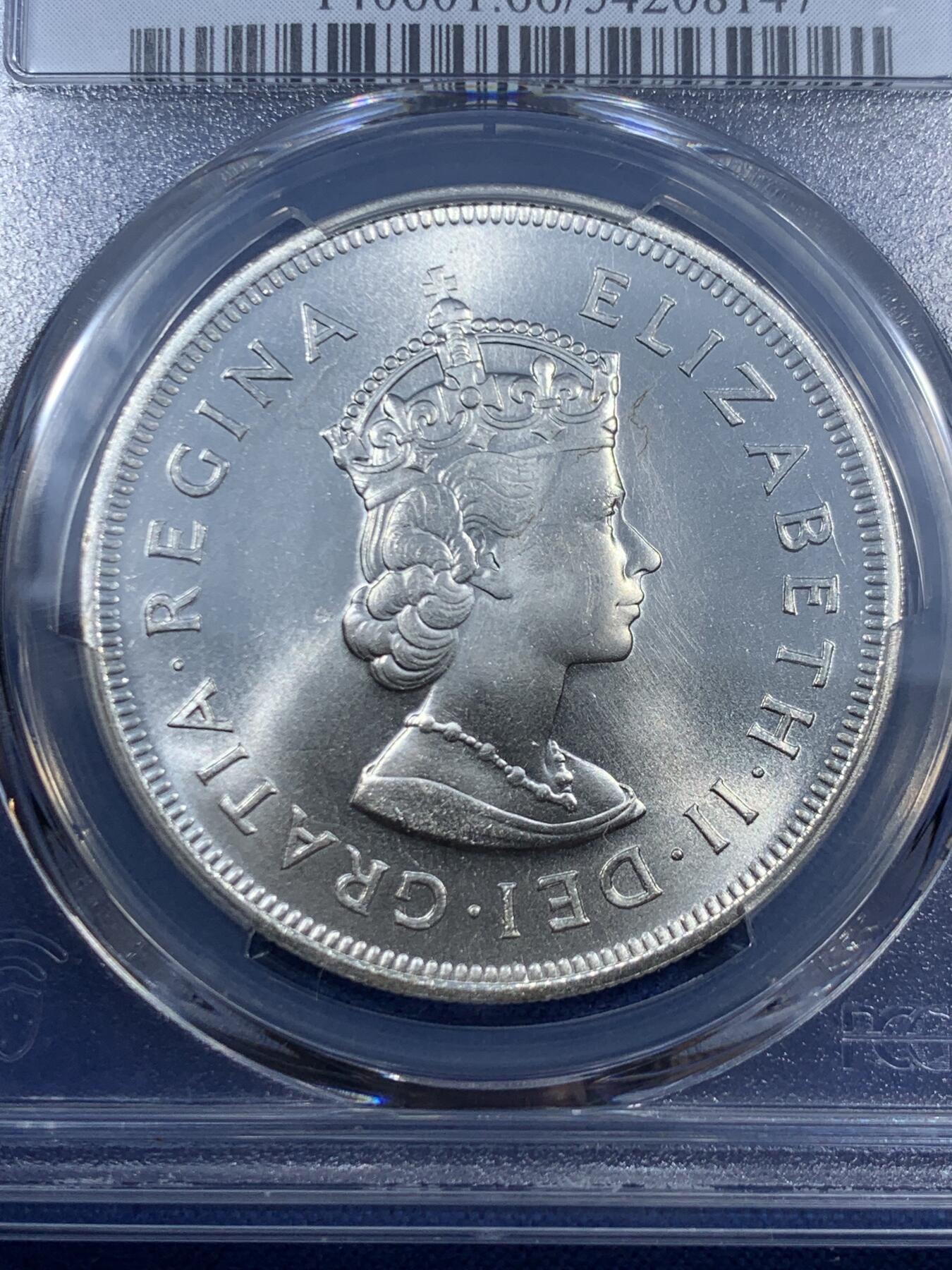 《竞宝斋》第461场 周日，周一，2场连拍 （全场包邮）欢迎送拍 PCGS MS66 英属百慕大1959年伊丽莎白二世1克朗大银币