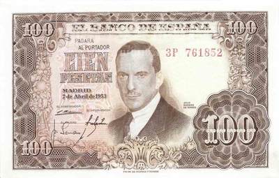 小福收藏拍卖第199期 裸钞场 本期有多张豹子号靓号 瑞士1000法郎 经典提香 毛里求斯首发年大全套 白俄罗斯5000000卢布 苏里南10000盾  爱沙尼亚  苏丹 西班牙 保加利亚 古巴等多国精美纸币 - 西班牙 1953年 100比塞塔 unc