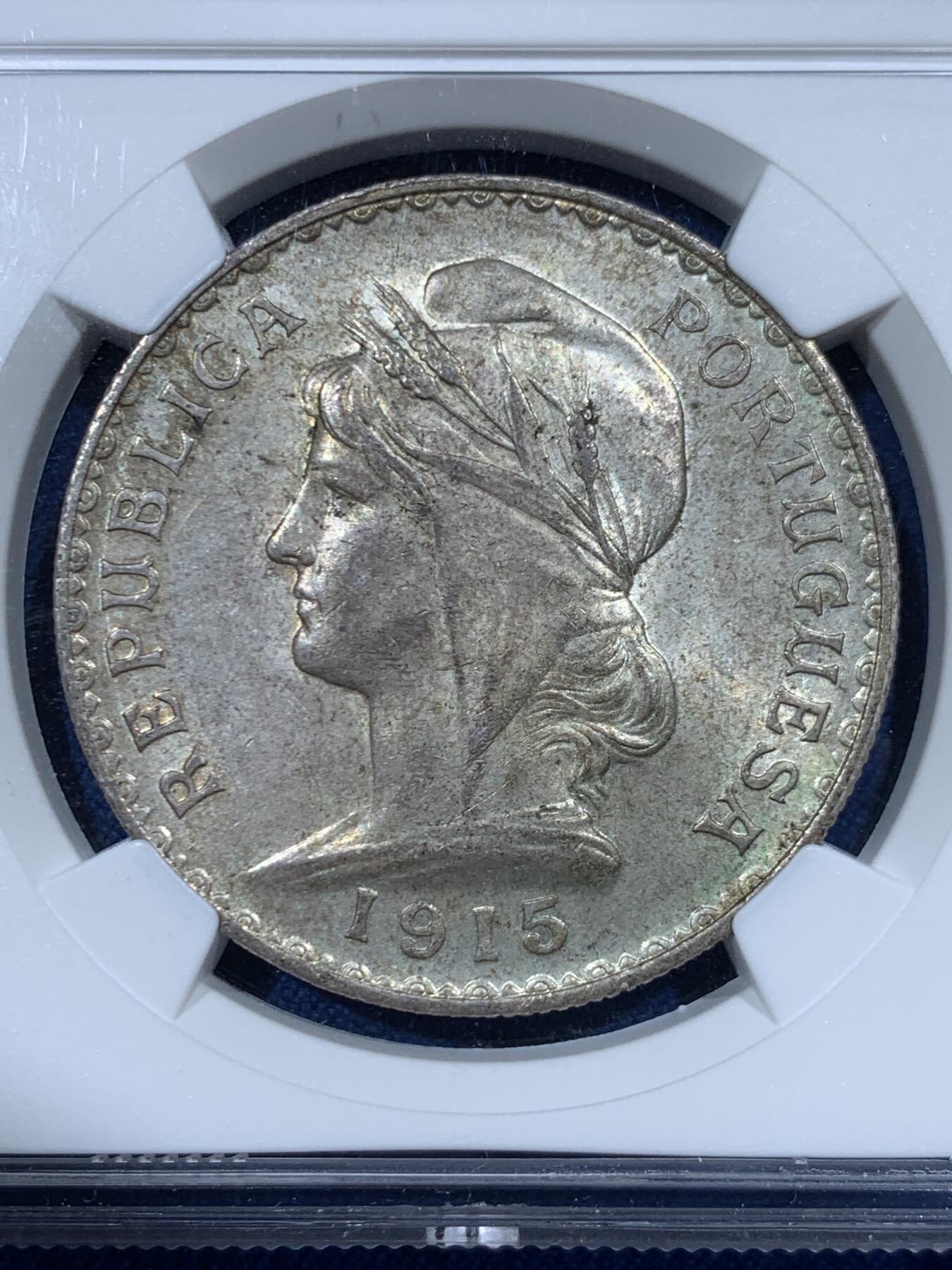 《竞宝斋》第461场 周日，周一，2场连拍 （全场包邮）欢迎送拍 NGC MS62 葡萄牙1915年女神1埃斯库多银币