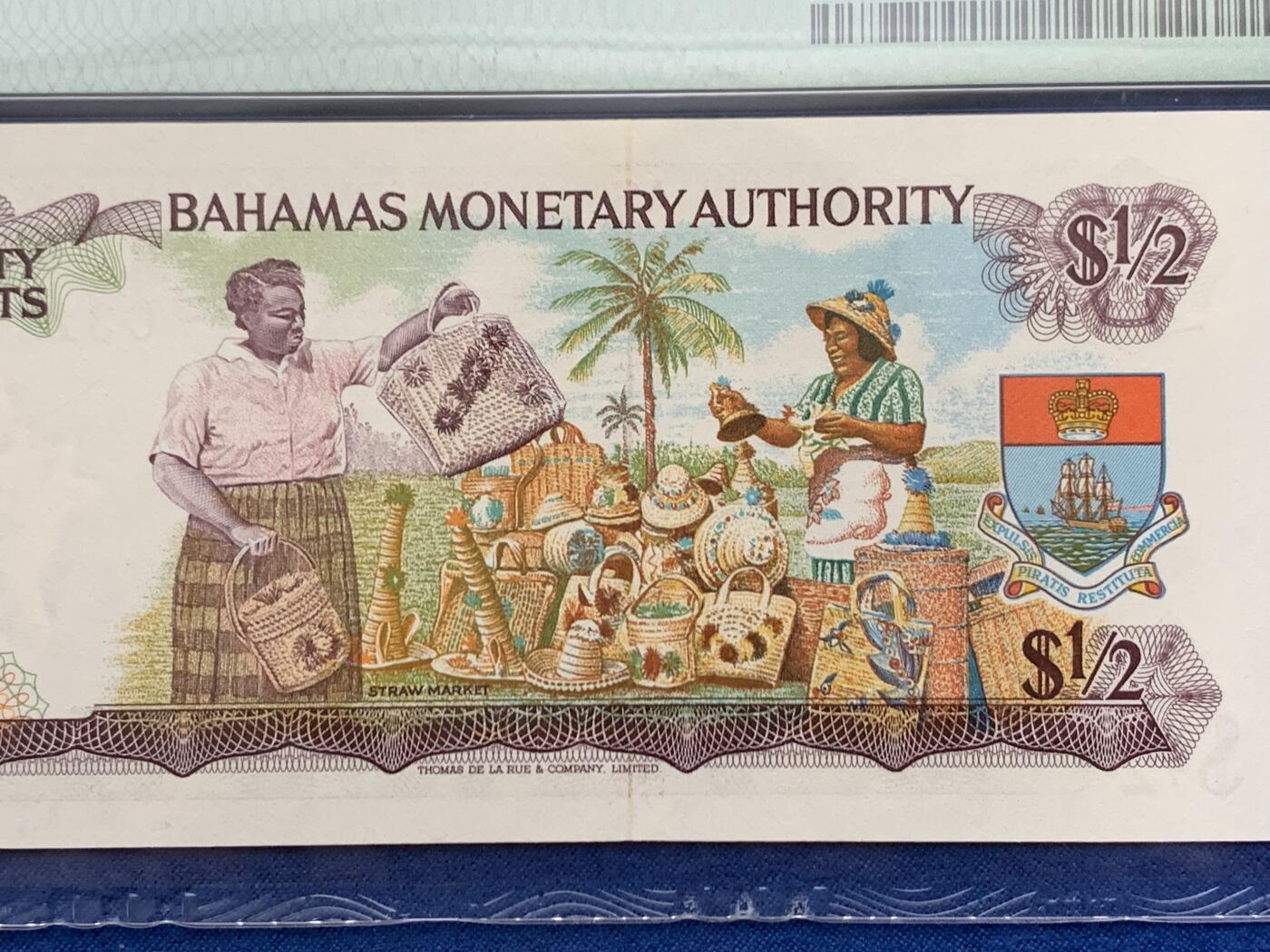 《竞宝斋》第461场 周日，周一，2场连拍 （全场包邮）欢迎送拍 PMG 67EPQ 巴哈马 1968年 女王 1/2元 彩背 高分