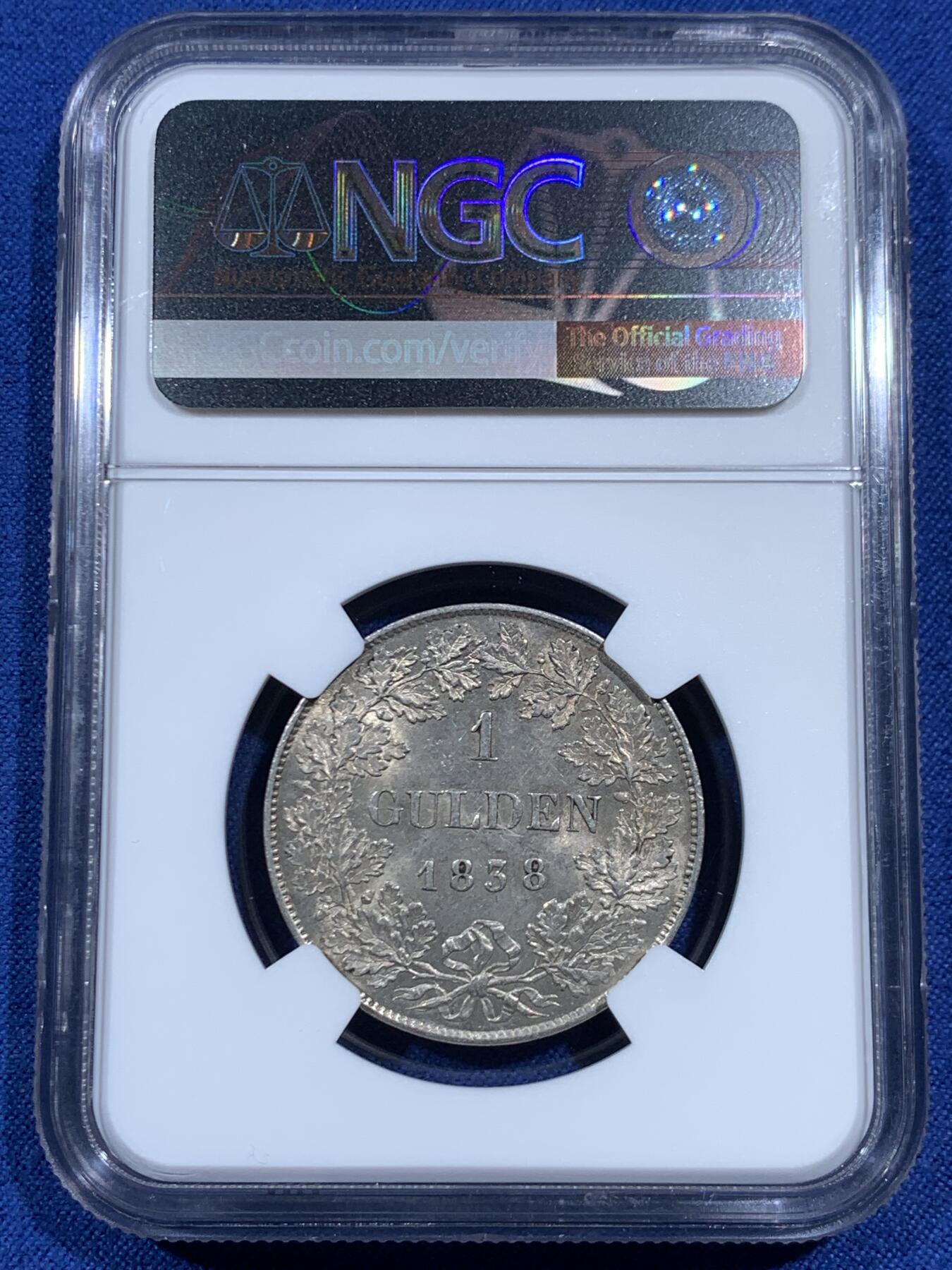 《竞宝斋》第461场 周日，周一，2场连拍 （全场包邮）欢迎送拍 NGC UNCD 德国巴登1838利奥波德一盾银币，光度状态都很不错，可以尝试重评