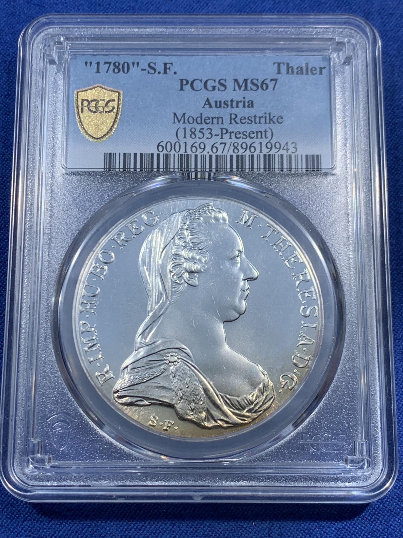 《竞宝斋》第461场 周日，周一，2场连拍 （全场包邮）欢迎送拍 PCGS MS67 奥地利1780大奶妈玛丽亚·特蕾莎皇后1泰勒银币 后铸版 背面支撑有磕
