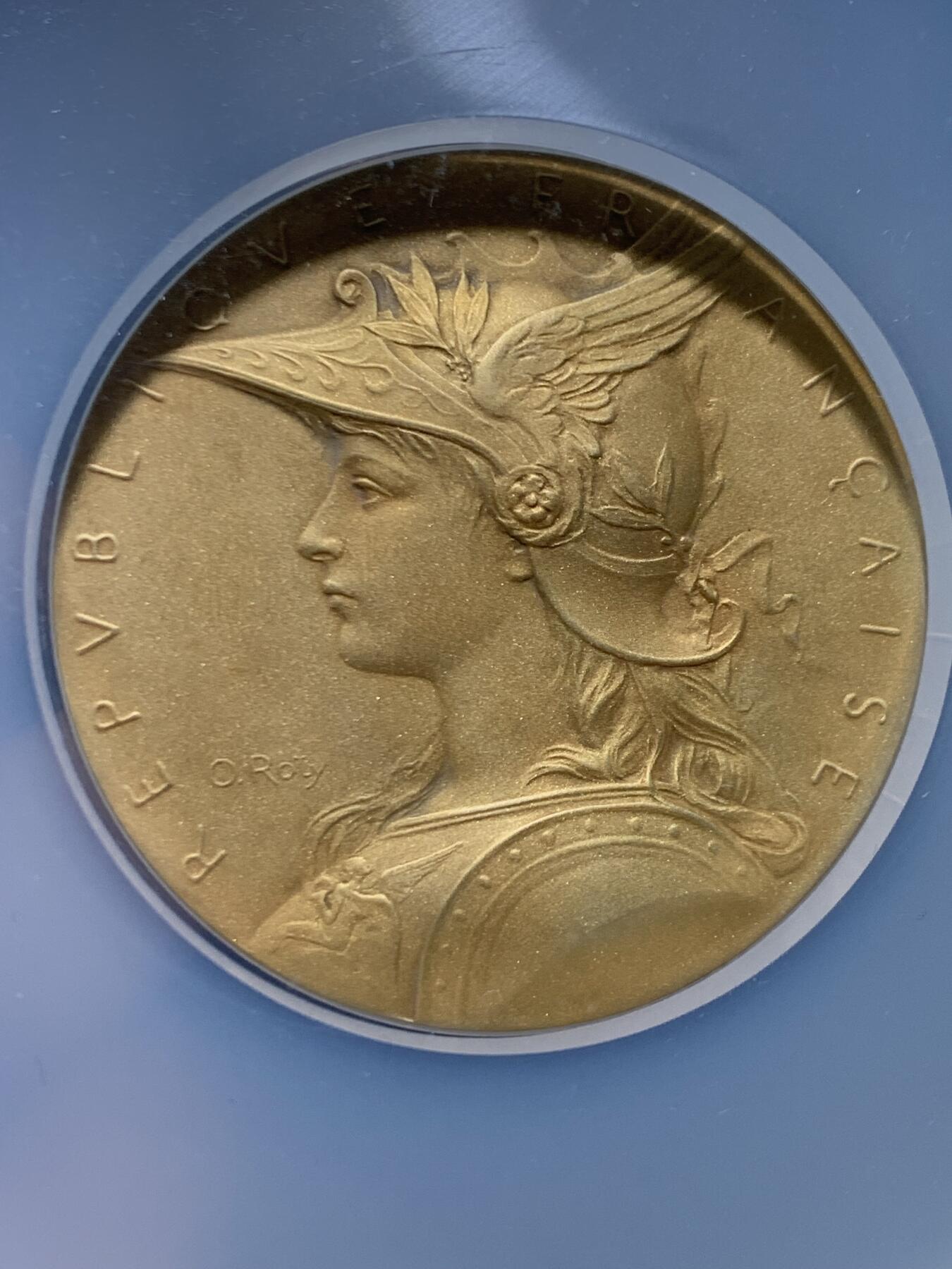 《竞宝斋》第461场 周日，周一，2场连拍 （全场包邮）欢迎送拍 NGC MS65 罗蒂作品 戎装玛丽安娜镀金银章 50mm 丰饶角边铭+argent 银标 战争动员 卫国练兵 主题银章