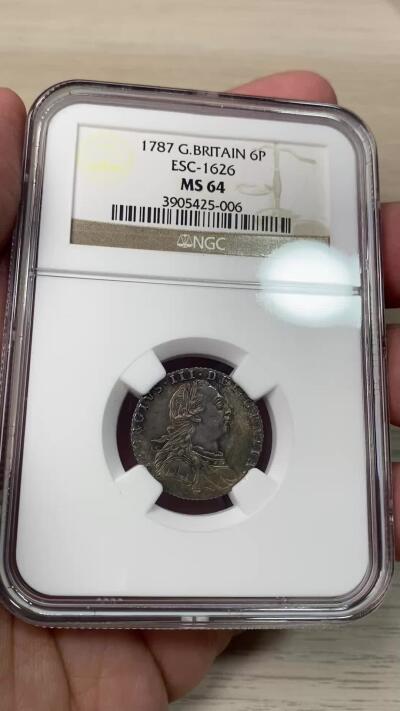 万国钱币拍卖第059期 NGC MS64 1786年英国乔治三世6便士银币 顶级大不列颠天鹅绒孔雀蓝彩极美收藏级