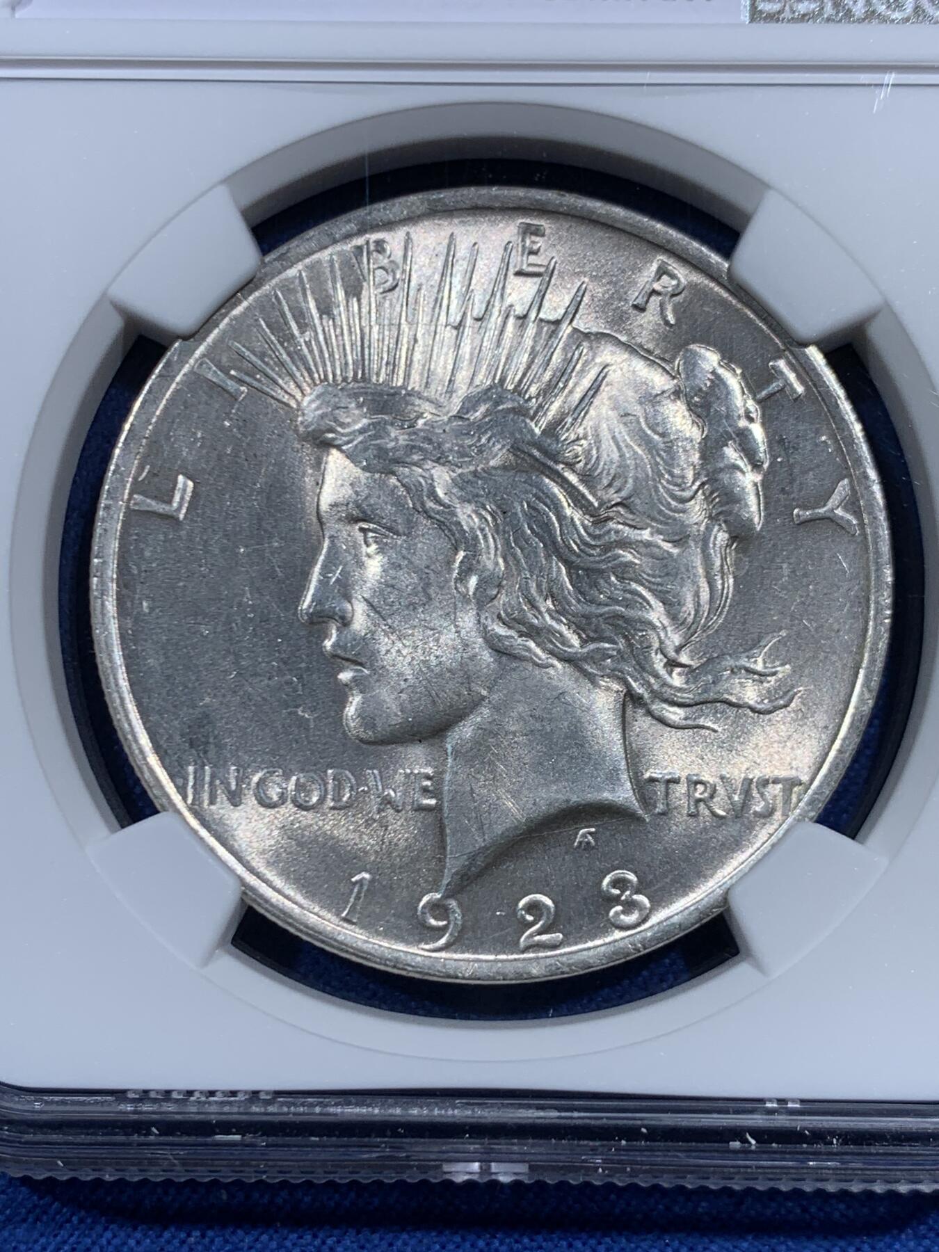 《竞宝斋》第461场 周日，周一，2场连拍 （全场包邮）欢迎送拍 NGC UNCD 美国1923和平银元，原光好品，按当下银价22.4元光材料就要538元了