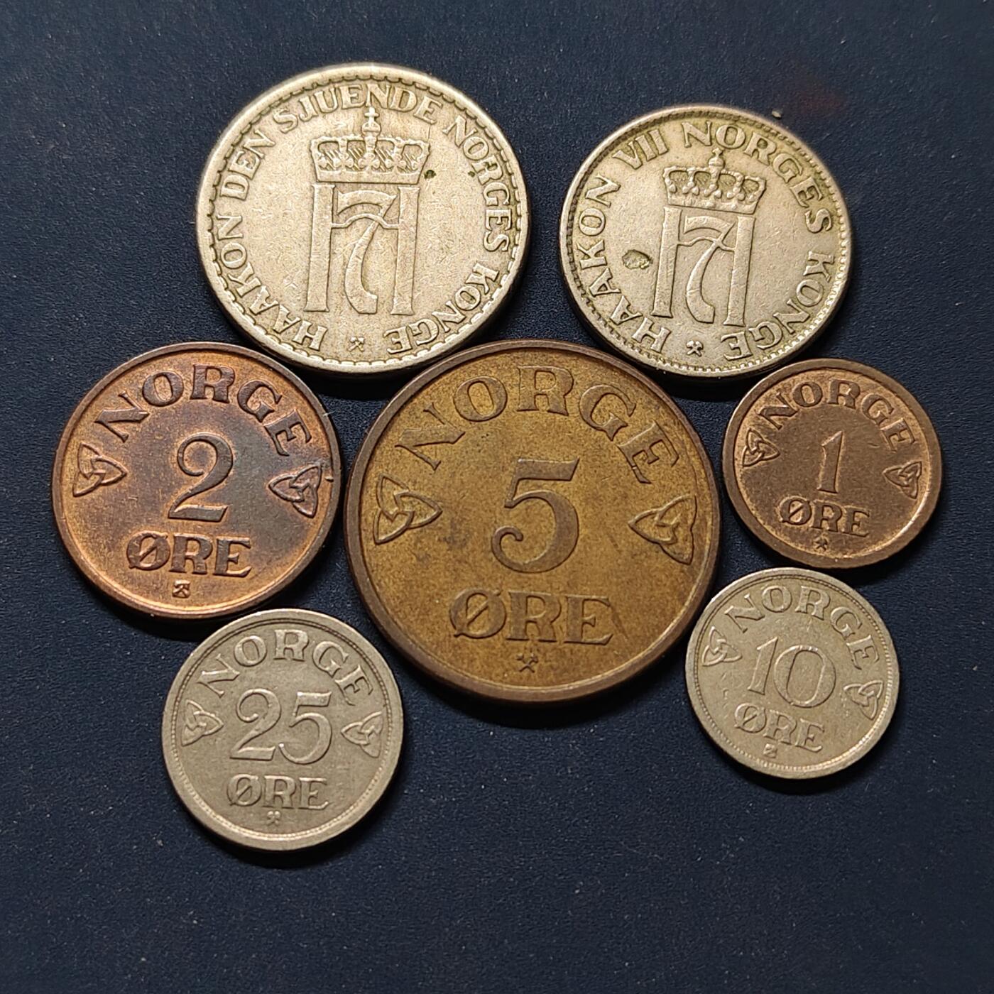 【全场包邮】纯粹捡漏拍498场-持续更新中 挪威1954-1957年哈康七世后期7枚套币
