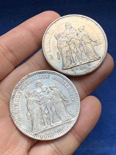 《竞宝斋》第461场 周日，周一，2场连拍 （全场包邮）欢迎送拍 - 两枚一组 法国大力神5法郎/10法郎，品相一般，细节见图