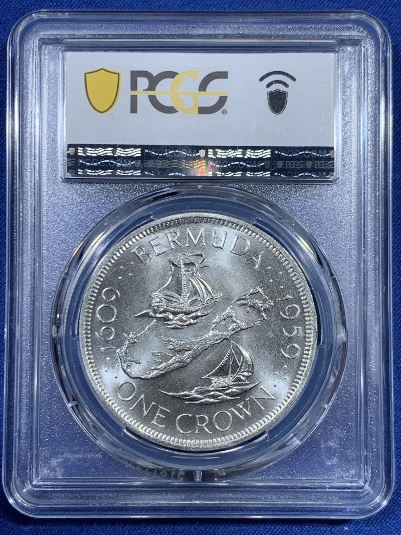 《竞宝斋》第461场 周日，周一，2场连拍 （全场包邮）欢迎送拍 PCGS MS66 英属百慕大1959年伊丽莎白二世1克朗大银币
