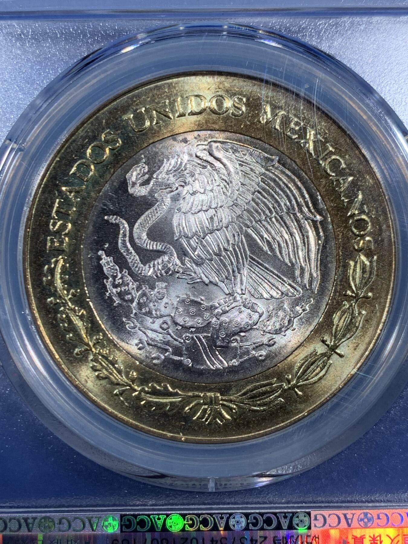 《竞宝斋》第461场 周日，周一，2场连拍 （全场包邮）欢迎送拍 ACG MS64 墨西哥2005年100比索，极其少见大尺寸双色纪念币，纪念堂吉诃德400周年，骷髅骑士冲锋，外环铜内嵌银双色币，含银16.8克92.5%