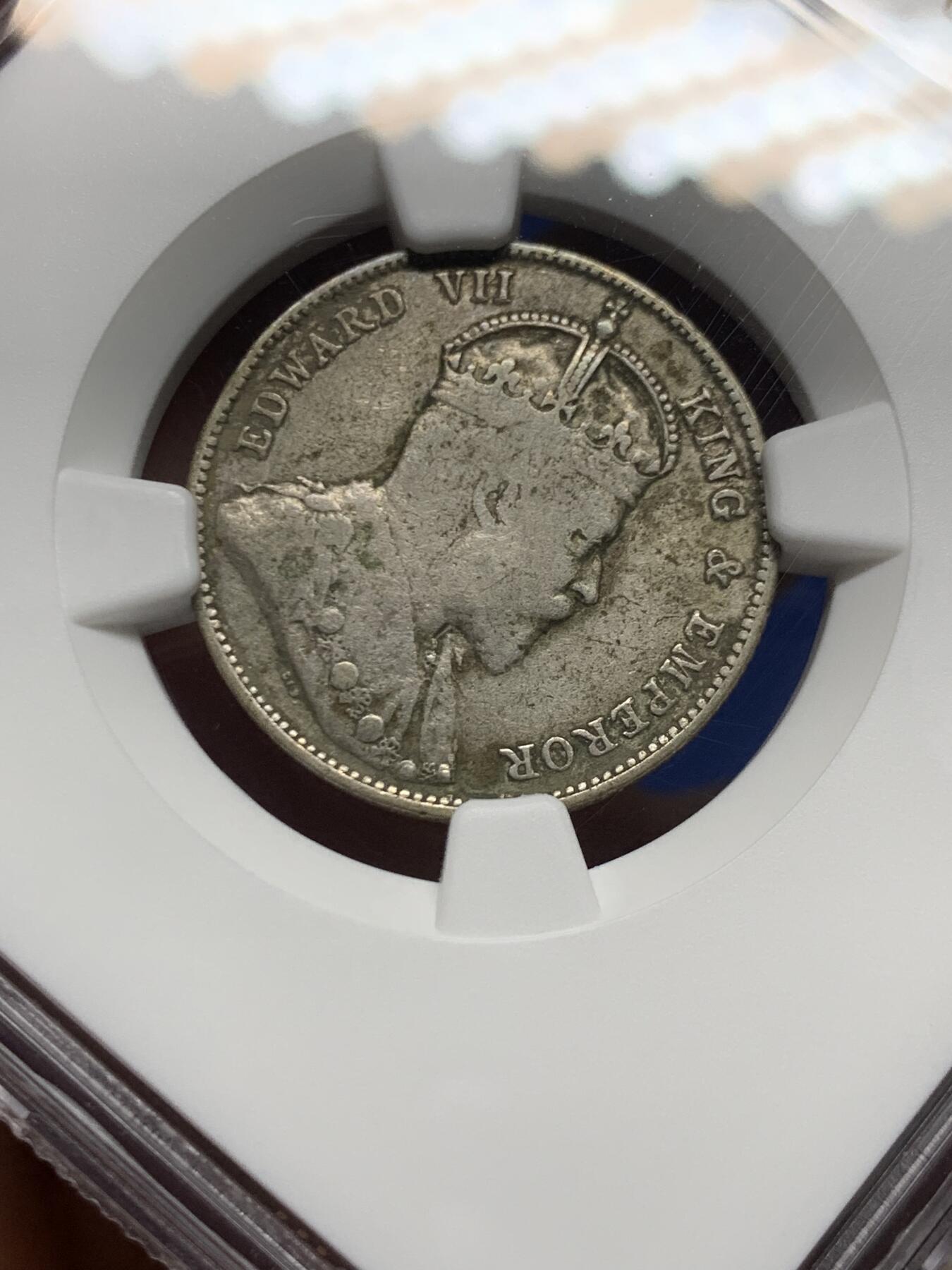 《竞宝斋》第461场 周日，周一，2场连拍 （全场包邮）欢迎送拍 NGC VF30 香港 1902年 爱德华 贰毫 银币 人像清晰，自然黑包浆，不错的收藏