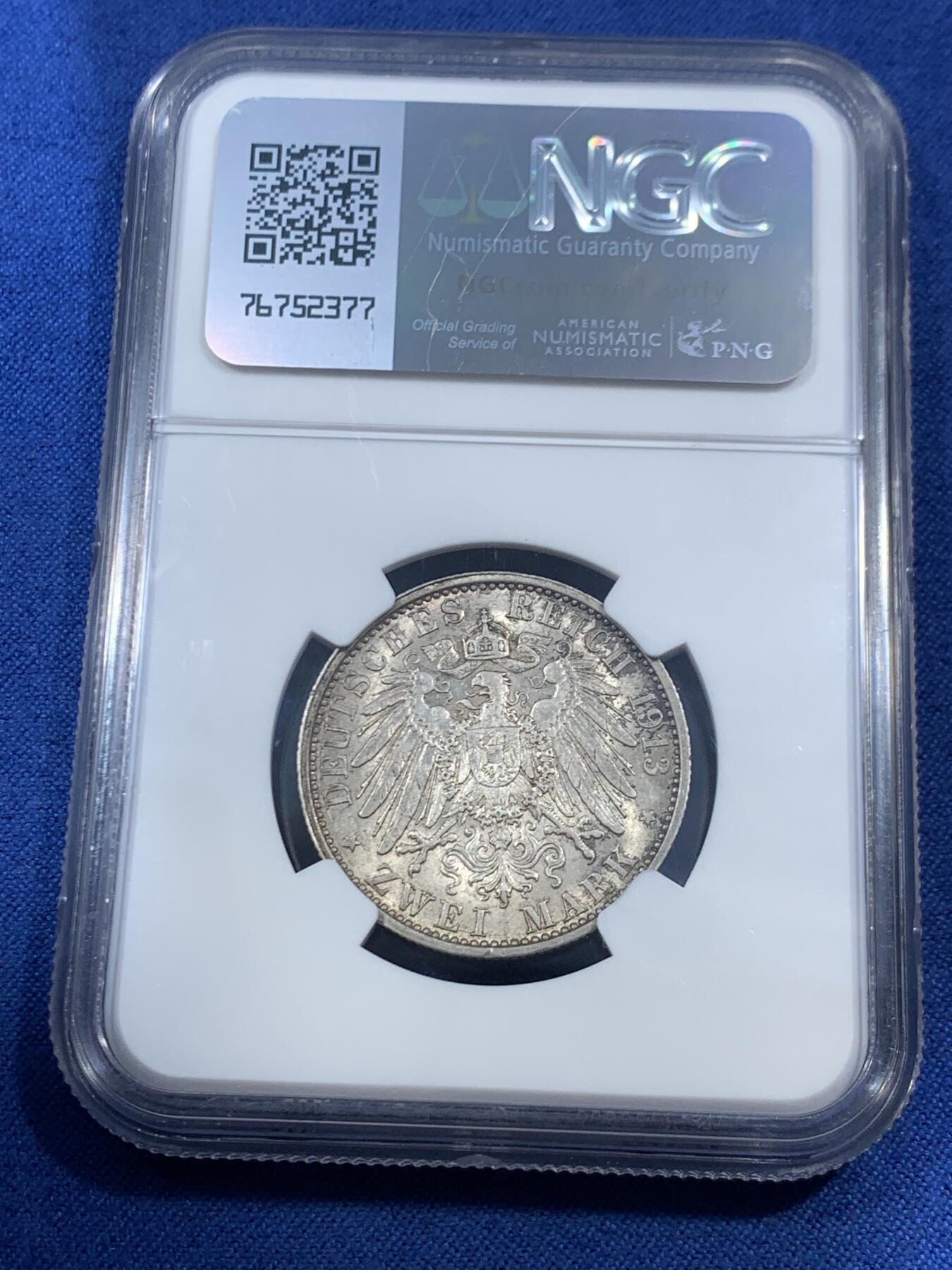 《竞宝斋》第461场 周日，周一，2场连拍 （全场包邮）欢迎送拍 NGC AU58 德国 普鲁士 1913年 威廉二世 军装 2马克 银币