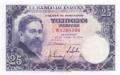 小福收藏拍卖第199期 裸钞场 本期有多张豹子号靓号 瑞士1000法郎 经典提香 毛里求斯首发年大全套 白俄罗斯5000000卢布 苏里南10000盾  爱沙尼亚  苏丹 西班牙 保加利亚 古巴等多国精美纸币 - 西班牙 1954年 25比塞塔 尾8 unc