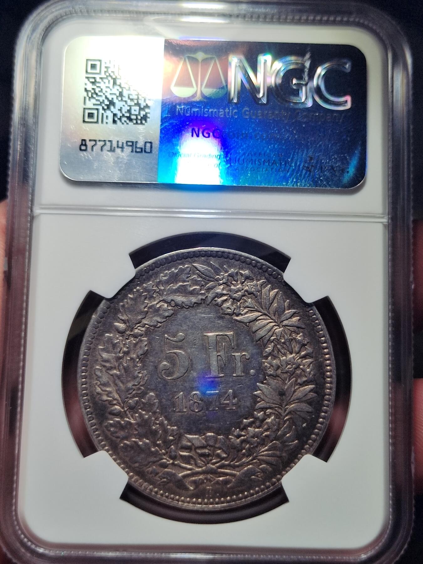 中外钱币第七场 NGC-AU50瑞士1874年5法郎银币