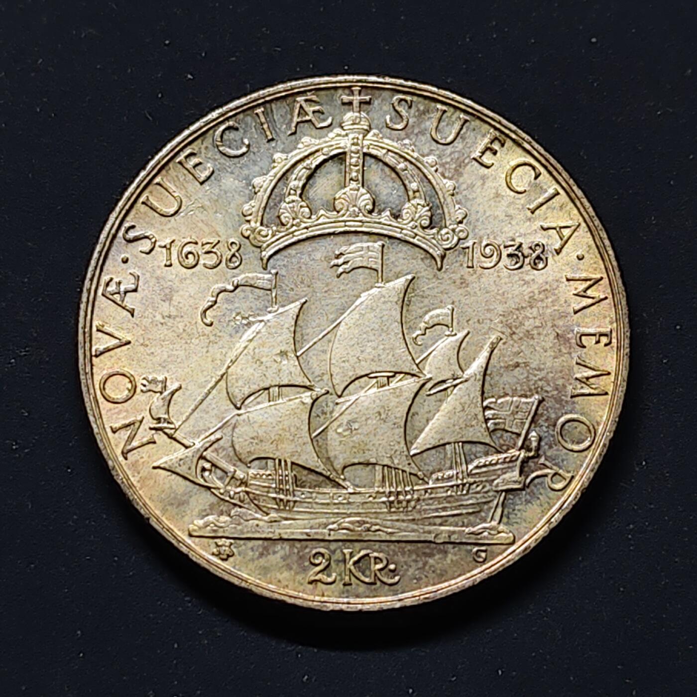 【全场包邮】纯粹捡漏拍499场-持续更新中 瑞典1938年2克朗移居特拉华300周年纪念银币【31毫米15克80%，纯银价约336元（按28元银价估算）】