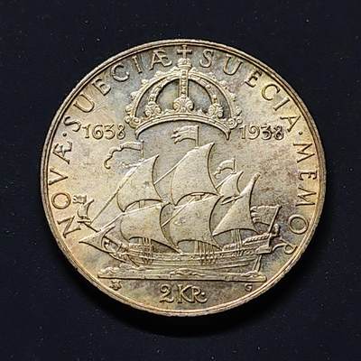 【全场包邮】纯粹捡漏拍499场-持续更新中 - 瑞典1938年2克朗移居特拉华300周年纪念银币【31毫米15克80%，纯银价约336元（按28元银价估算）】