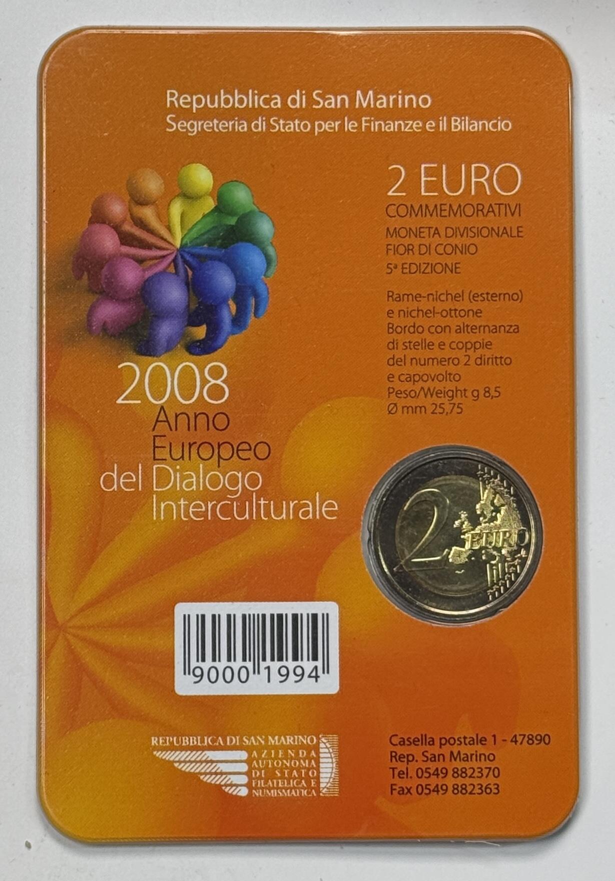 S&S Numismatic世界钱币-拍卖 第123期  圣马力诺2008年 欧洲跨文化对话年 2欧元双色纪念币官方卡币