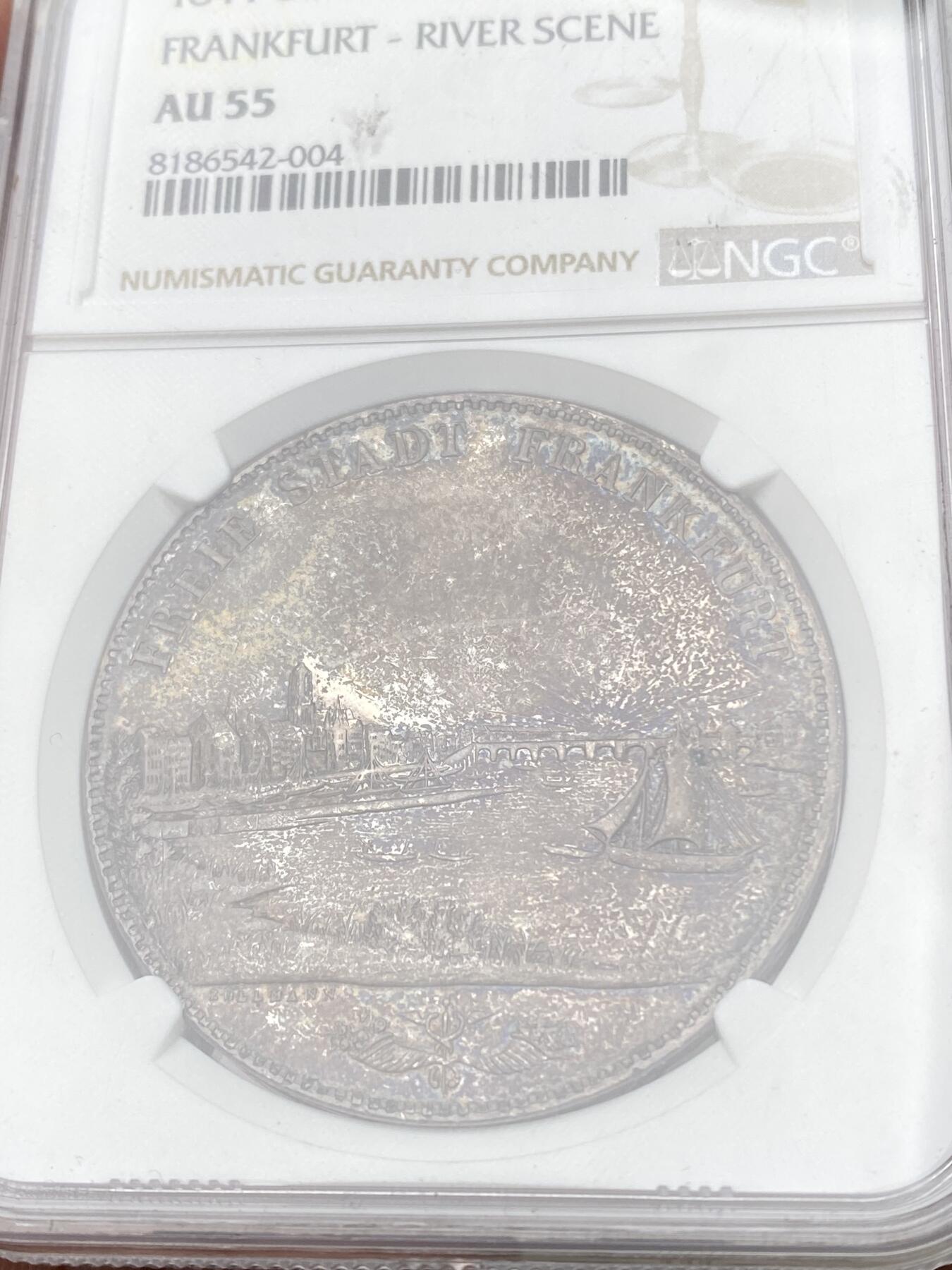 万国钱币拍卖第059期 NGC AU55 1844德国法兰克福自由市河景2泰勒 名誉景观品种 热度居高不下 厚重欧陆五彩极美 状态舒适