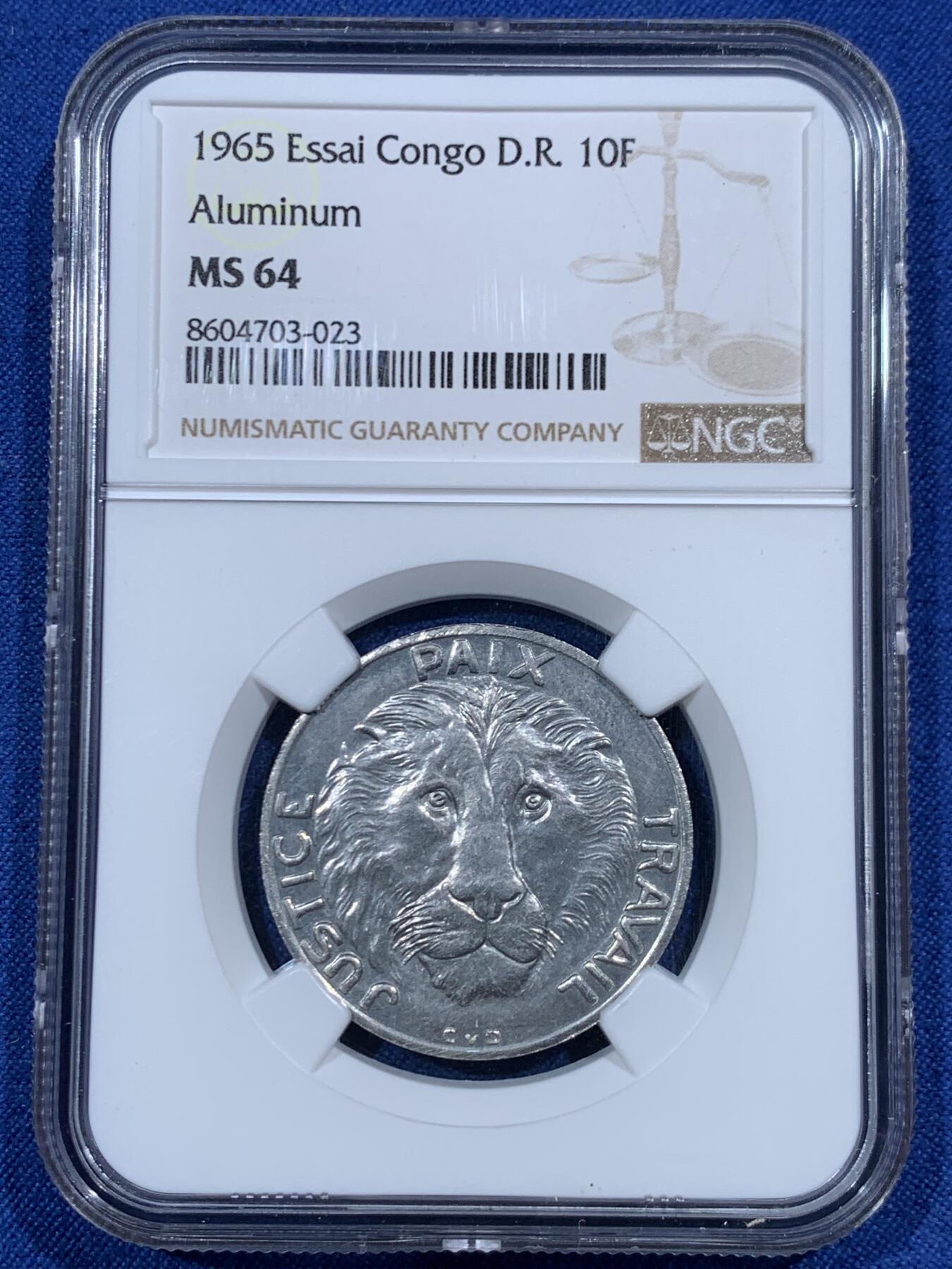 《竞宝斋》第461场 周日，周一，2场连拍 （全场包邮）欢迎送拍 NGC MS64 刚果 1965年 10法郎 样币 带Essai文字 稀少品种