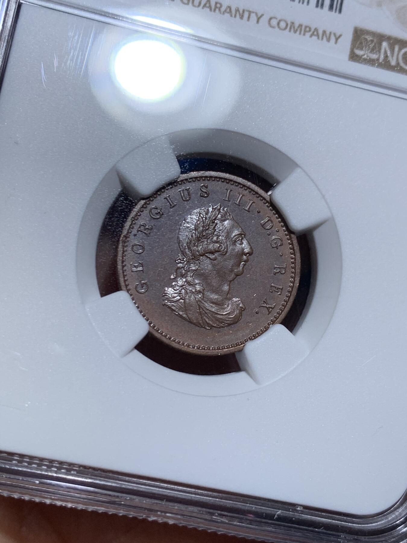 《竞宝斋》第461场 周日，周一，2场连拍 （全场包邮）欢迎送拍 NGC PF64BN 爱尔兰 1806年 乔治三世 1/4便士（1法新）铜币 极美状态