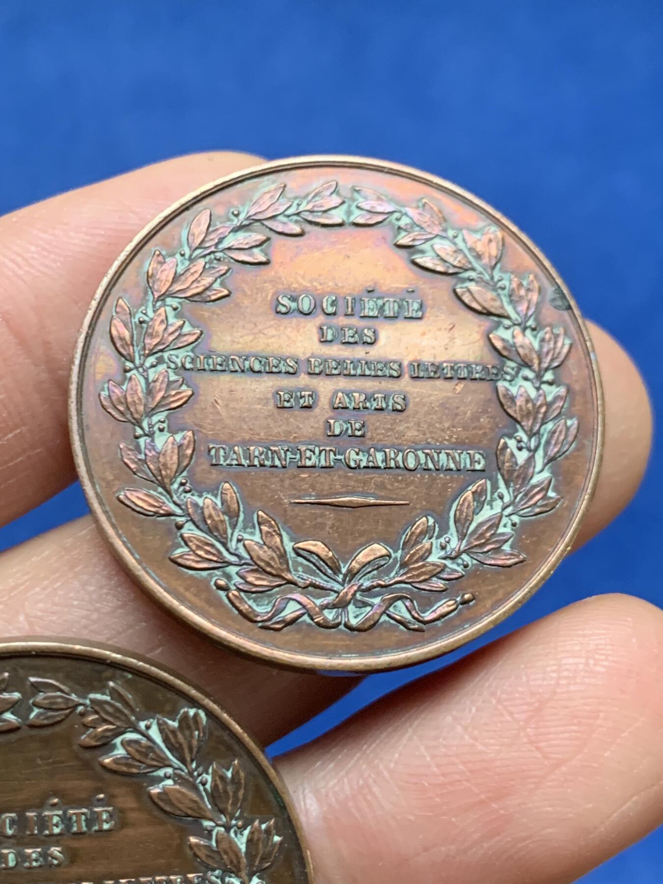 《竞宝斋》第461场 周日，周一，2场连拍 （全场包邮）欢迎送拍 两枚一组 法国塔恩-加龙省科技与艺术展纪念铜章 总重约31克 33.3mm