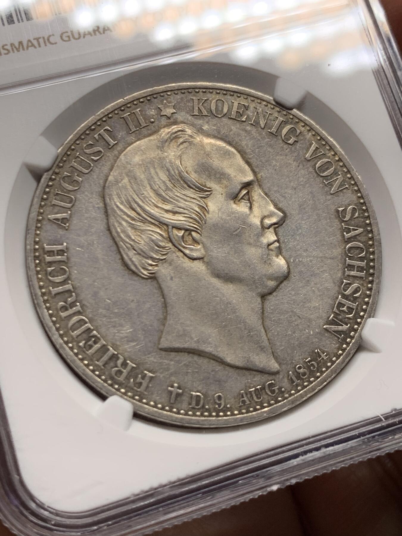 《竞宝斋》第461场 周日，周一，2场连拍 （全场包邮）欢迎送拍 NGC-MS62 德国萨克森1854年双神2泰勒大银币 37克超大重量，稀少珍贵的两泰勒品种