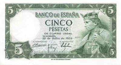 小福收藏拍卖第199期 裸钞场 本期有多张豹子号靓号 瑞士1000法郎 经典提香 毛里求斯首发年大全套 白俄罗斯5000000卢布 苏里南10000盾  爱沙尼亚  苏丹 西班牙 保加利亚 古巴等多国精美纸币 - 西班牙 1954年 5比塞塔 unc