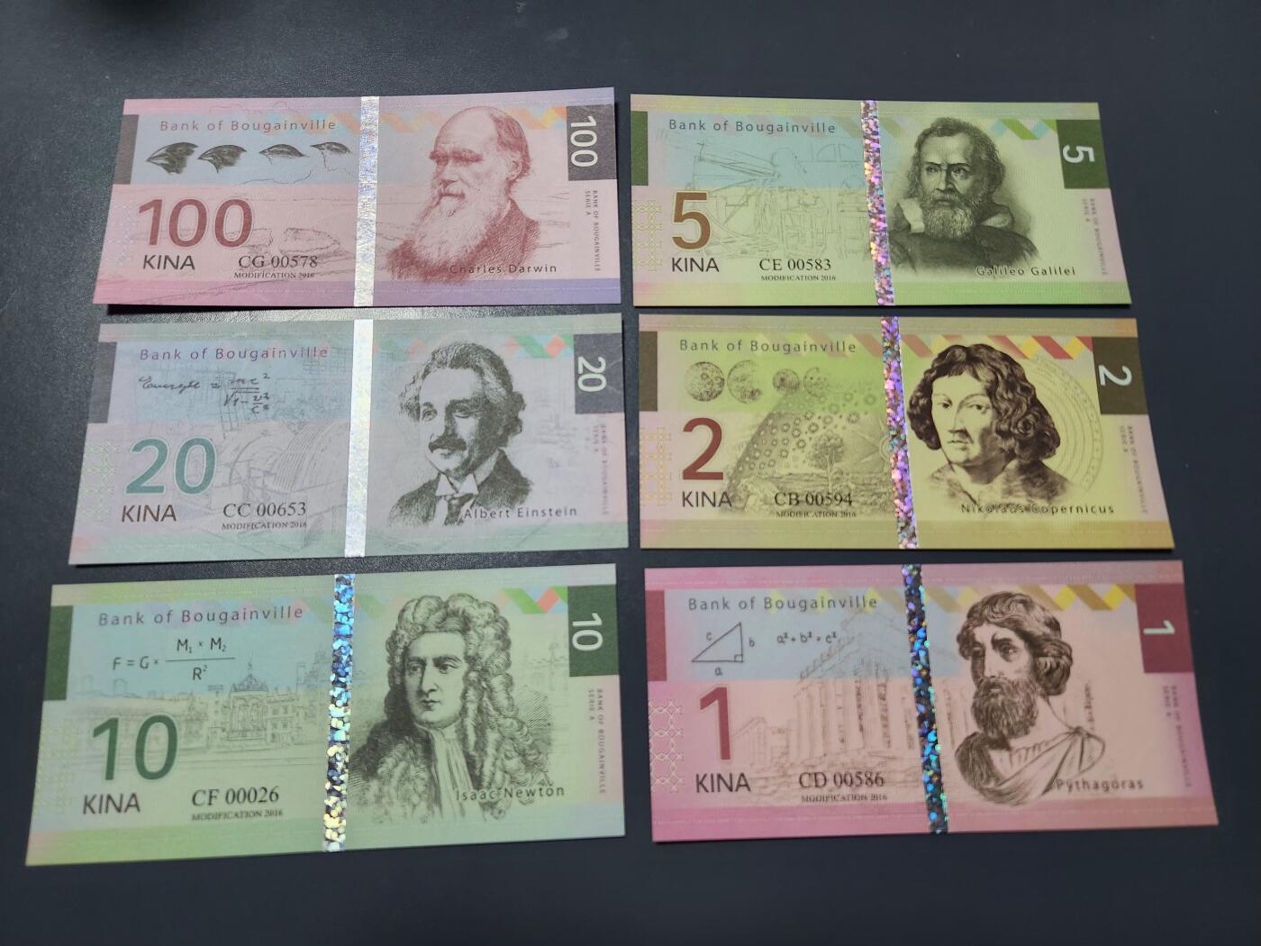 1月25号晚上8点 外国纸币自动截拍第13场 全新2016年 布干维尔岛 1 - 100 基纳 7张套 世界著名人物 商业钞