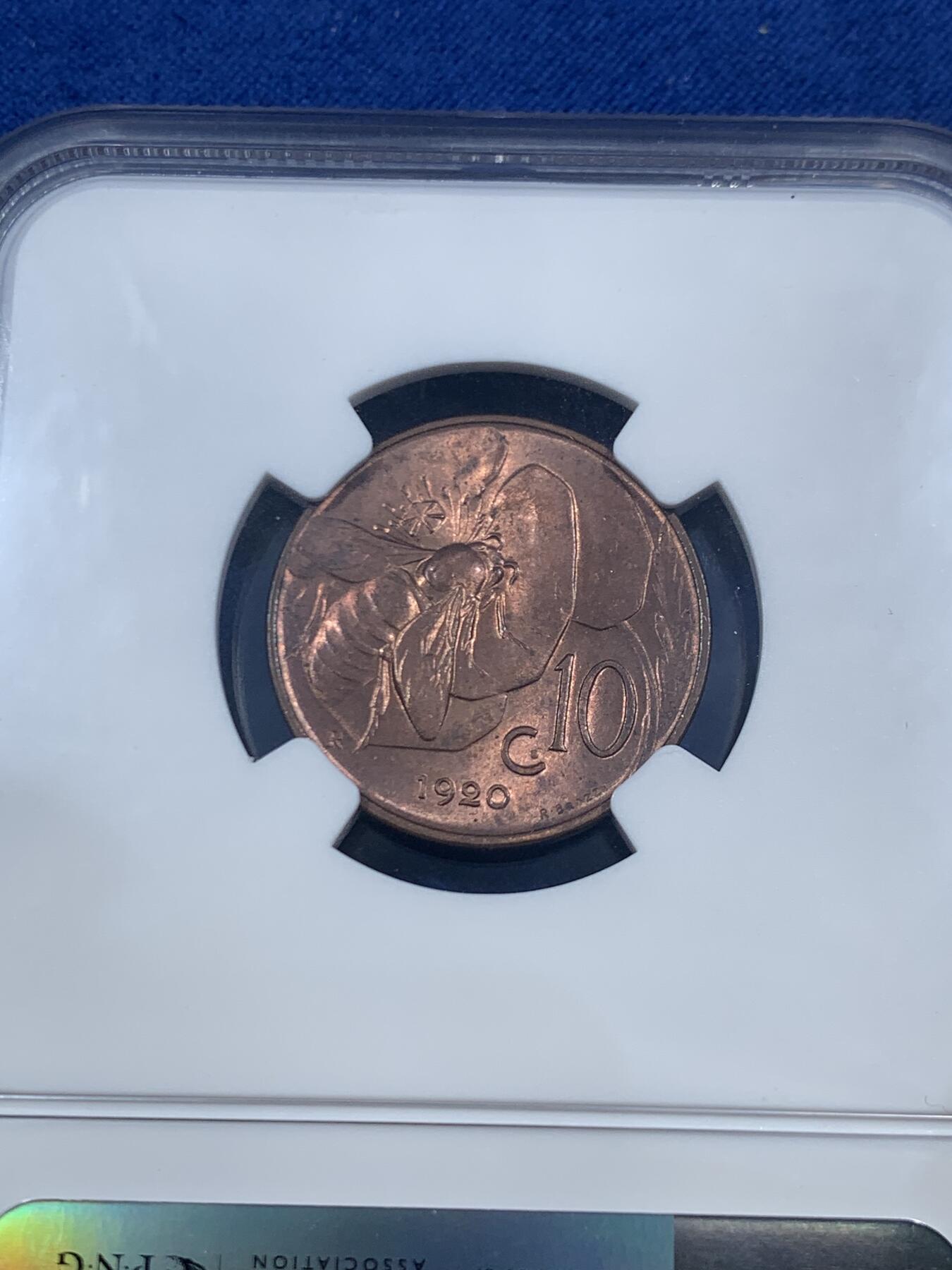 《竞宝斋》第461场 周日，周一，2场连拍 （全场包邮）欢迎送拍 NGC MS64RB 意大利1920年小蜜蜂10分，古典主义风格代表作品，极美的设计，原铜光不容易