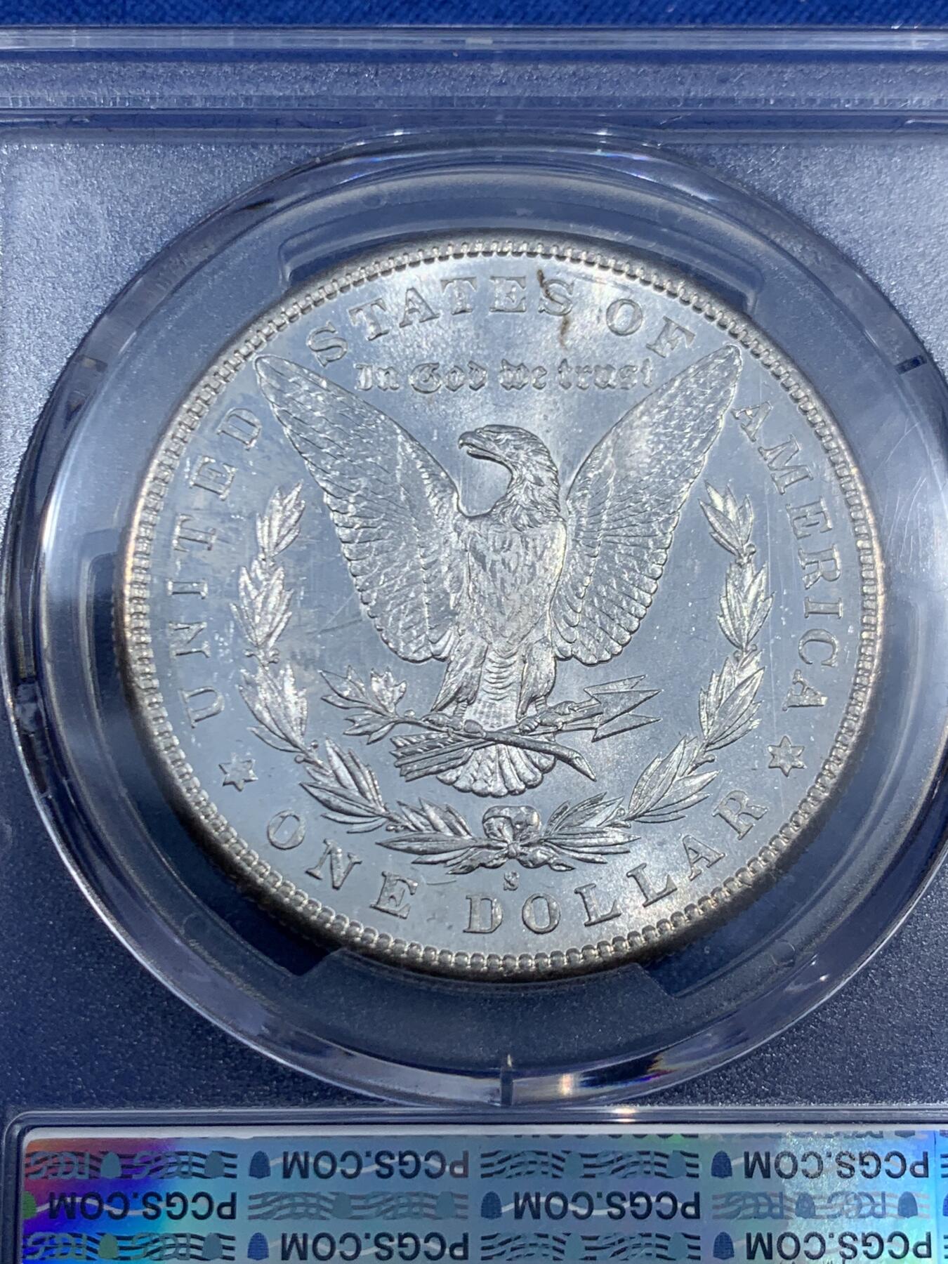 《竞宝斋》第461场 周日，周一，2场连拍 （全场包邮）欢迎送拍 PCGS MS65 美国 1881年s版 摩根1美元银币 淡紫色包浆 转光漂亮